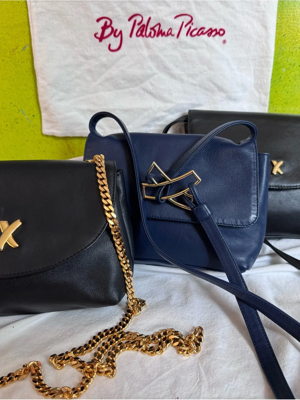Paloma Picasso Black Leather Crossbody with Gold Chain